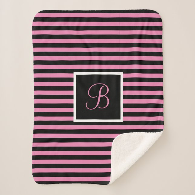 Cute Chic Initial Letter Pink and Black Striped Sherpa Blanket (Front)