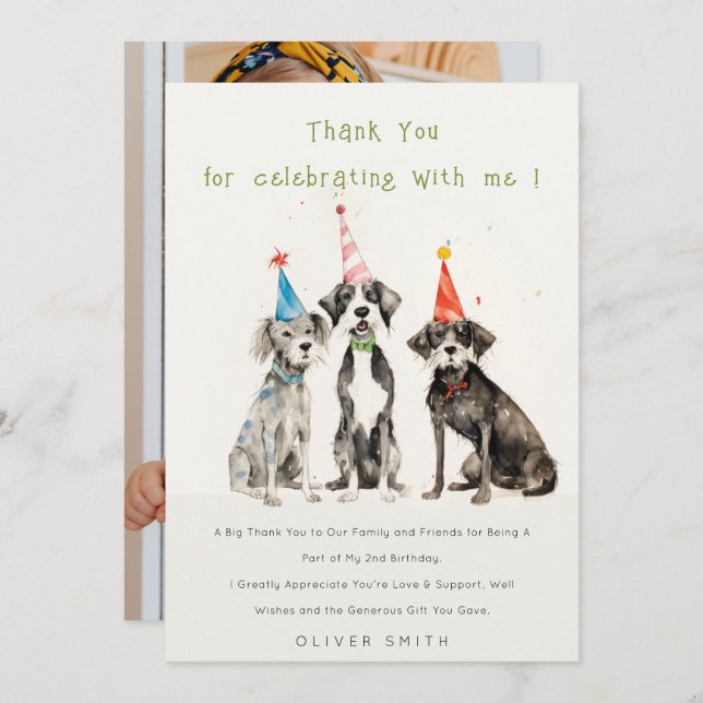 Cute Chic Kids Pawty Dog Birthday Party Photo Thank You Card (Front/Back)