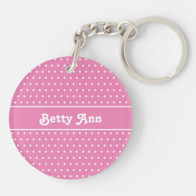 Cute Chic Name Polka Dot Pink & White Keychain (Back)