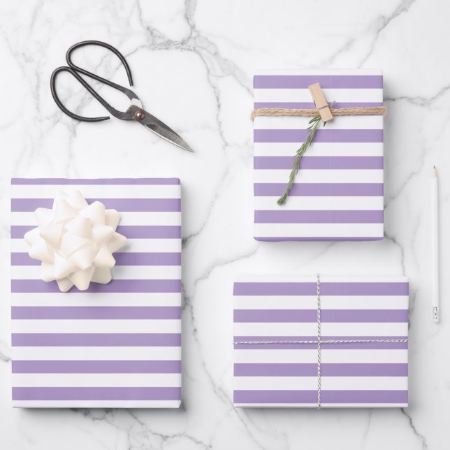 Cute Chic Pastel Light Purple & White Striped Wrapping Paper Sheet (Front)