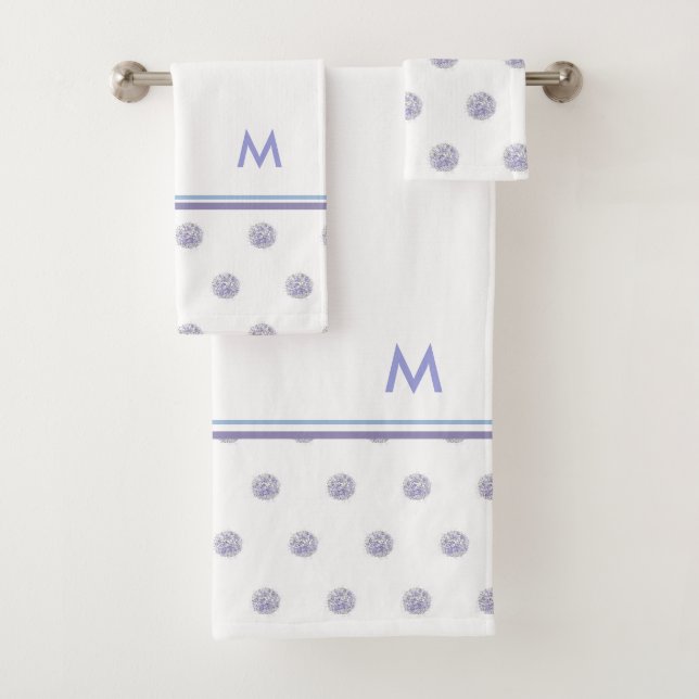 Cute Chic Pattern Flower Lavender Polka Dot Blue Bath Towel Set (Insitu)