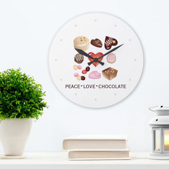 Cute Chic Peace Love Chocolate Candy Heart Large Clock (Creator Uploaded)