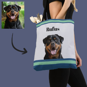 🐾Cute Chic Personalised Dog Pet Photo Green Blue Tote Bag