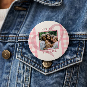 Cute Chic Pink Check Photo Besties Galentine's Day 7.5 Cm Round Badge