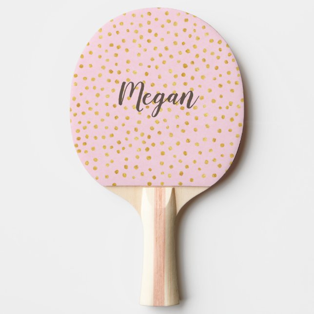 Cute Chic Pink Gold Polka Dot Pattern Personalised Ping Pong Paddle (Front)