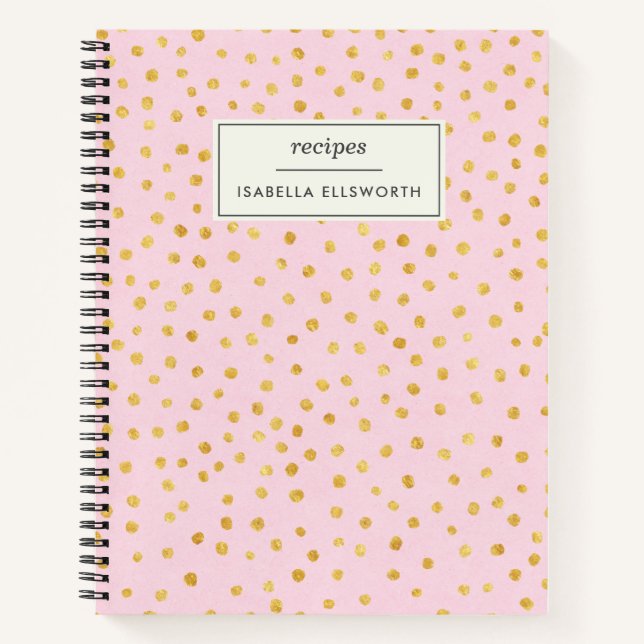 Cute Chic Pink Gold Polka Dot Personalized Recipe Notebook (Front)