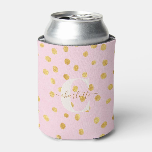 Cute Chic Pink Gold Polka Dots Personalised Name  Can Cooler (Can Front)