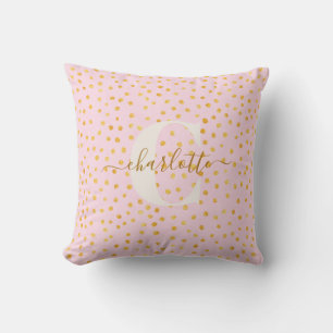 Cute Chic Pink Gold Polka Dots Personalised Name Cushion