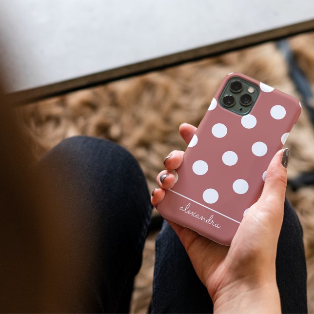 Cute Chic Pink Polka Dot Pattern Personalised Name Case-Mate iPhone Case (Creator Uploaded)