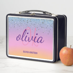 Cute Chic Pink Purple Glitter Personalized Monogra Metal Lunch Box