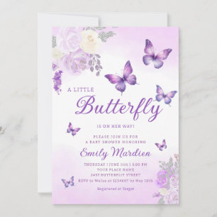 Cute Chic Purple Floral Butterfly Girl Baby Shower Invitation