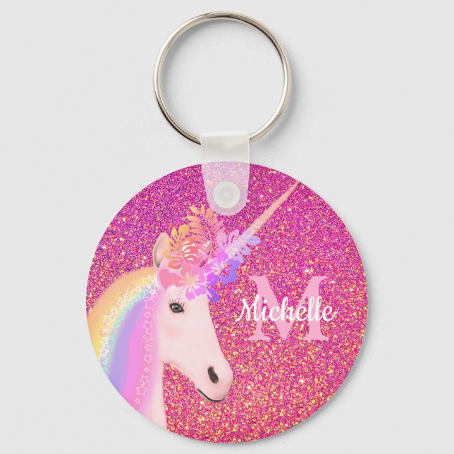 Cute Chic Rainbow Unicorn Pink Glitter Name Key Ring (Front)