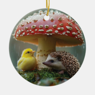 Cute Chick and Hedgehog Hiding Under a Mushroom Ceramic Ornament