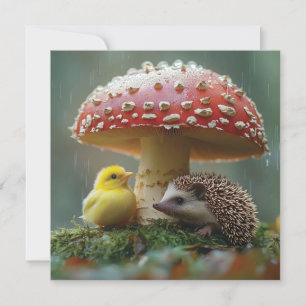 Cute Chick and Hedgehog Hiding Under a Mushroom Holiday Card