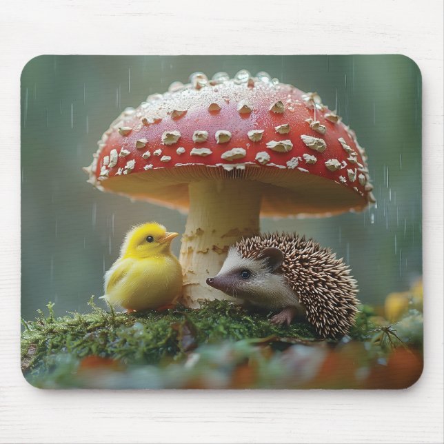 Cute Chick and Hedgehog Hiding Under a Mushroom Mouse Pad (Front)