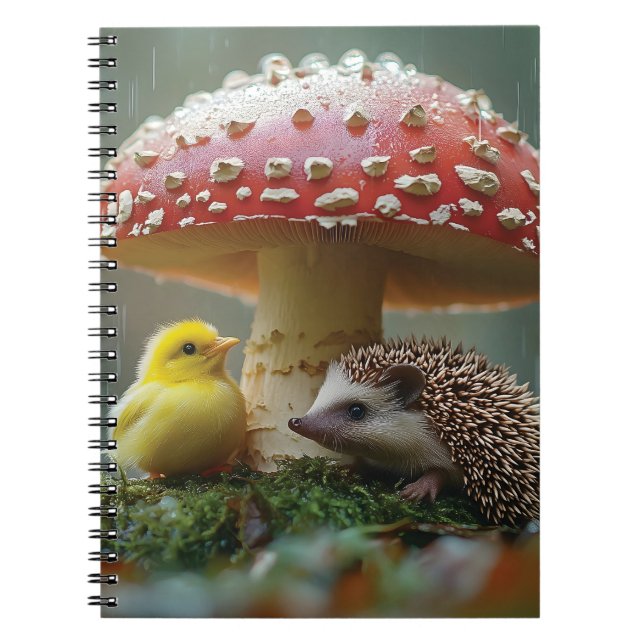 Cute Chick and Hedgehog Hiding Under a Mushroom Notebook (Front)