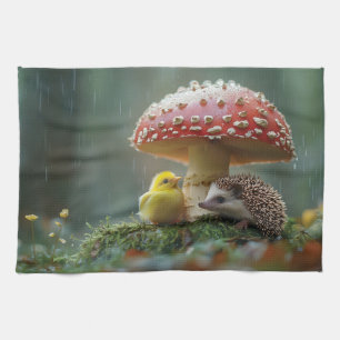 Cute Chick and Hedgehog Hiding Under a Mushroom Tea Towel