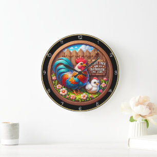Cute Chick and Old Rooster. Large Clock
