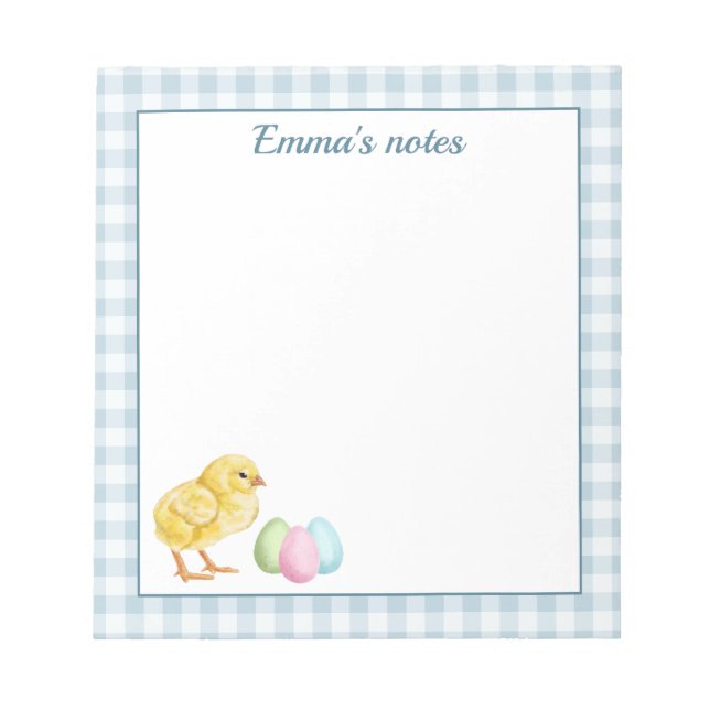Cute Chick And Pastel Eggs On Blue Gingham Easter Notepad (Front)