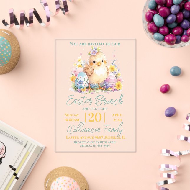 Cute Chick Floral Blue Easter Brunch  Acrylic Invitations (Insitu (Celebration))