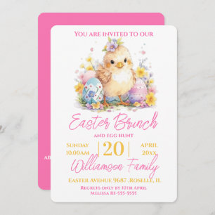Cute Chick Floral Pink Easter Brunch  Invitation
