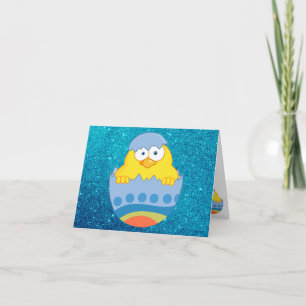 Cute Chick Hatching From Blue Colourful Easter Egg Holiday Card