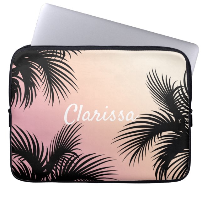 Cute chick pink yellow ombre tropical palm leaves laptop sleeve (Front)