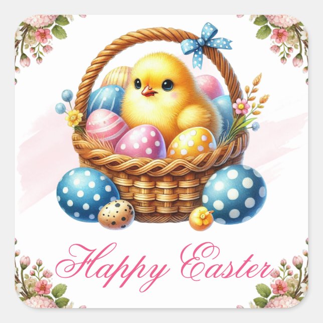 Cute Chick with Colourful Eggs Happy Easter Square Sticker (Front)