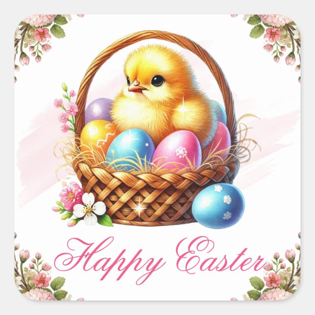 Cute Chick with Colourful Eggs Happy Easter Square Sticker (Front)
