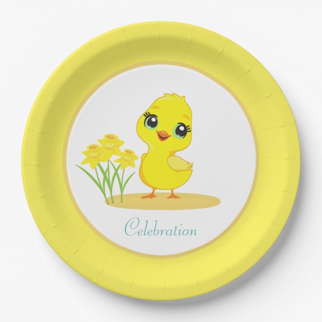 Cute Chick with Flowers on Yellow & White Paper Pl Paper Plate (Front)