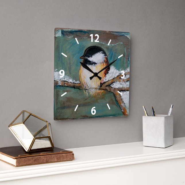 Cute Chickadee Bird Art Square Wall Clock (Cute Chickadee Bird Art Square Wall Clock from Jenn's Emporium.)