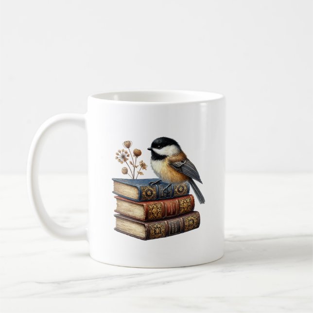 Cute chickadee bird book lovers add monogram  coffee mug (Left)