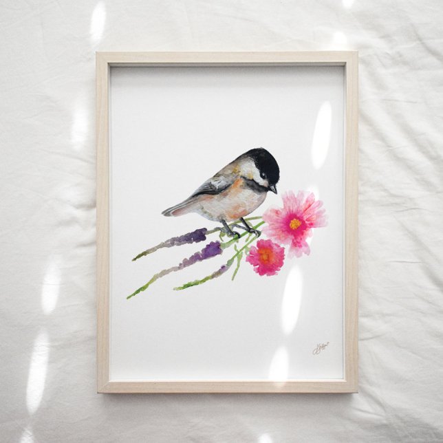 Cute Chickadee Bird Flowers Art Print (Creator Uploaded)
