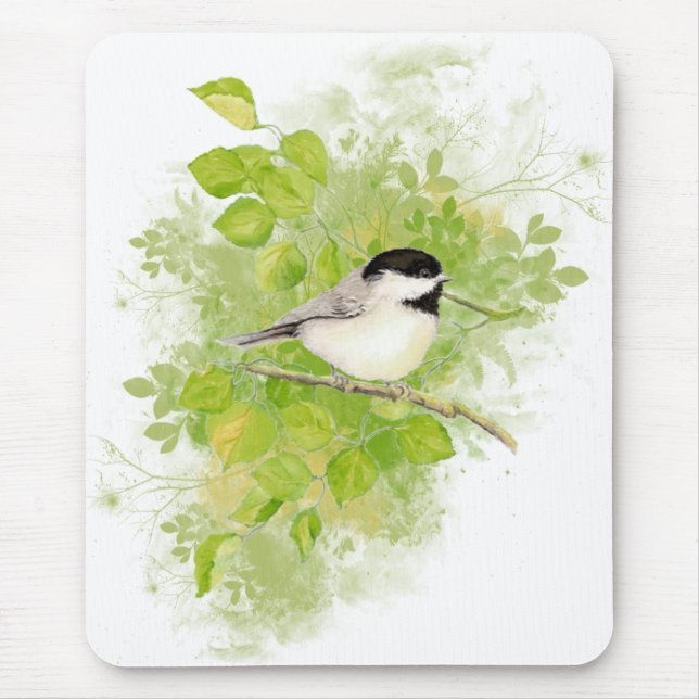 Cute Chickadee Bird in Poplar Tree Mouse Pad (Front)