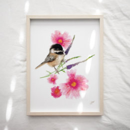 Cute Chickadee Bird Pink Flowers Art Print