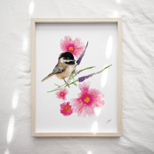 Cute Chickadee Bird Pink Flowers Art Print