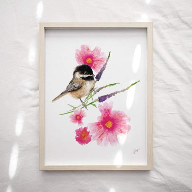 Cute Chickadee Bird Pink Flowers Art Print (Creator Uploaded)