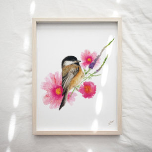 Cute Chickadee Bird Pink Purple Flowers Poster