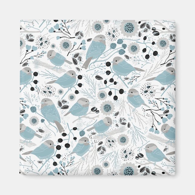 Cute Chickadee Birds Blue Grey Flowers Berries Magnet (Front)