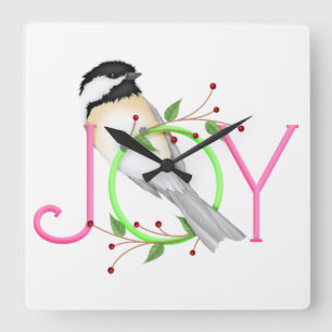 Cute Chickadee "Joy" Square Wall Clock