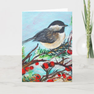 Cute Chickadee Red Berries Winter Note Card