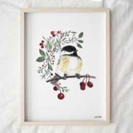 Cute Chickadee Watercolor Art Poster
