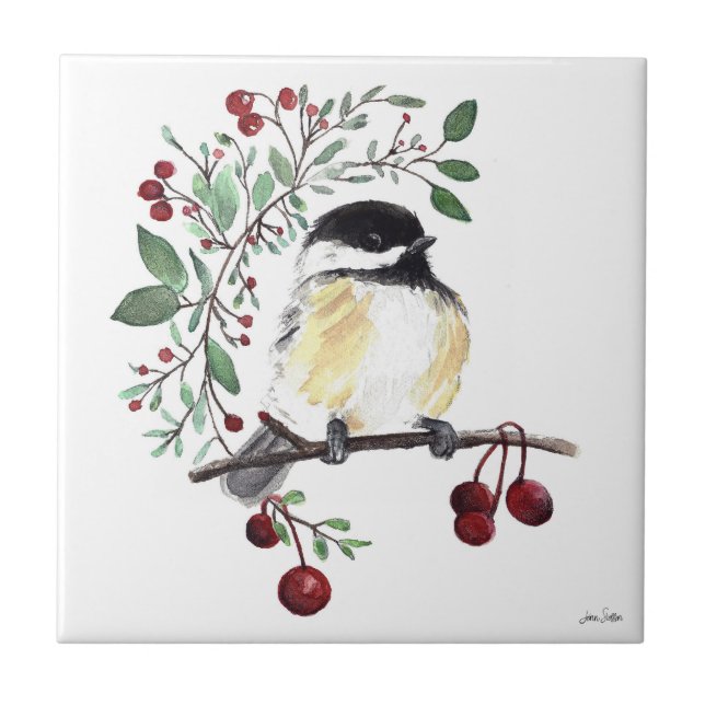 Cute Chickadee Watercolor Ceramic Tile (Front)