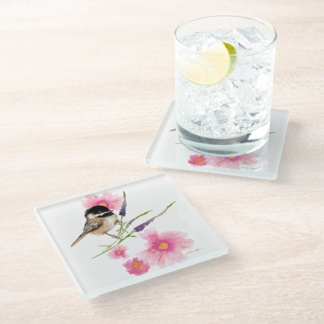 Cute Chickadee Watercolor Flowers Glass Coaster (Angled)