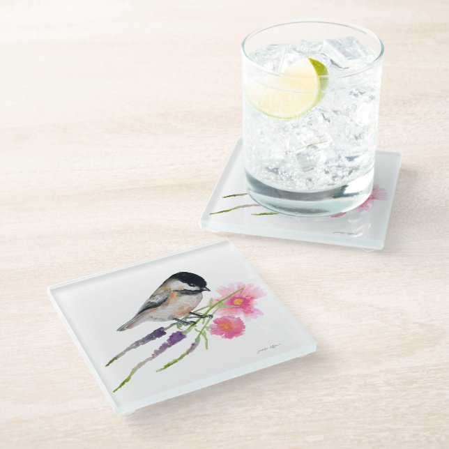 Cute Chickadee Watercolor Pink Flowers Glass Coaster (Angled)