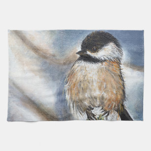 Cute Chickadee Winter Painting Tea Towel