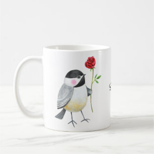Cute Chickadee with a single red rose Custom Name Coffee Mug
