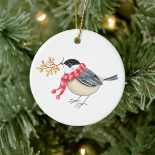 Cute Chickadee with Golden Sprig Personalized name Ceramic Ornament