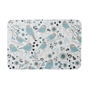 Cute Chickadees Blue Black Grey Bath Mat