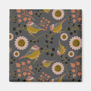 Cute Chickadees Gold Pink Berries Flowers Magnet